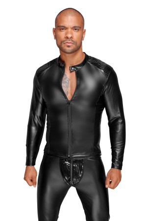 Powerwetlook men's jacket with pleated PVC epaulets H052 by Noir Handmade Decadence Collection