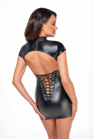 F309 Fantasy wetlook mini dress with lace up back -