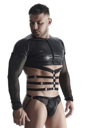 Men's long sleeve shirt with harness TSH019 black by Regnes Fetish Planet