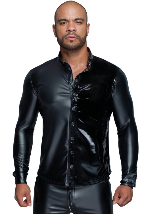 Long-sleeved Powerwetlook & PVC shirt H064- 3XL