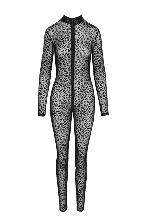F285 Full body leopard flock catsuit - M