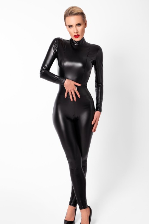 F319 Caged wetlook catsuit with zippers and ring - 2XL
