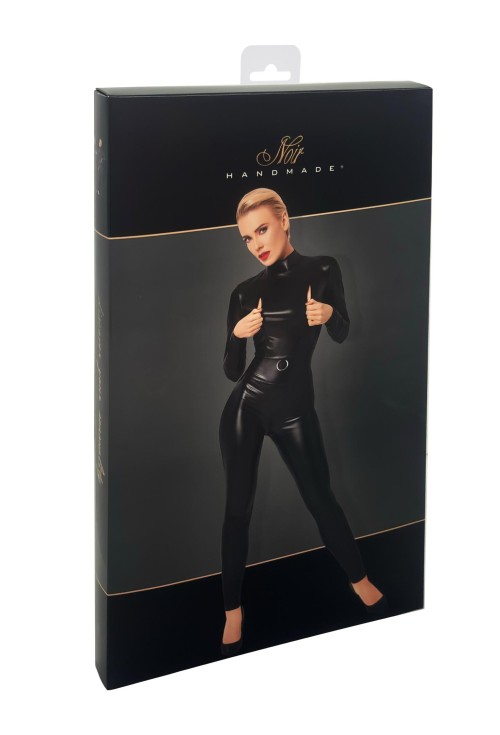 F319 Caged wetlook catsuit with zippers and ring - M