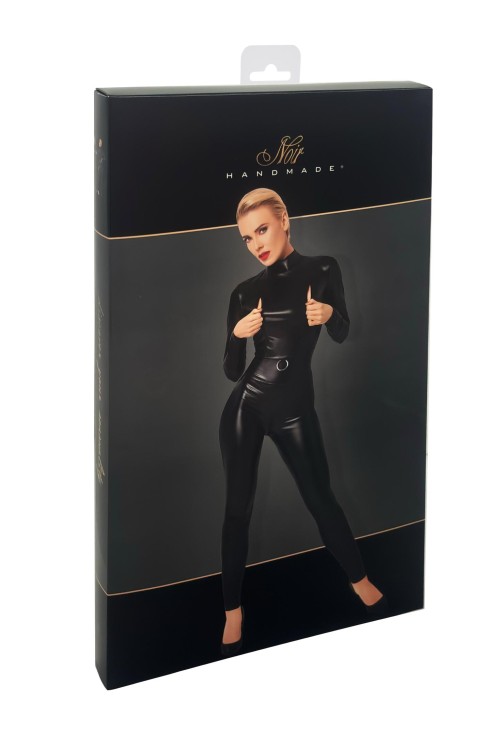 F319 Caged wetlook catsuit with zippers and ring - XL