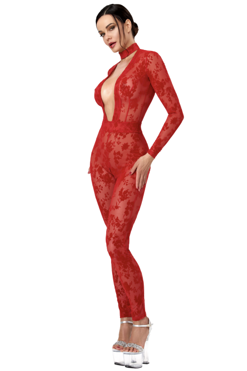 F414 Lovebite Plunging V Catsuit - XS