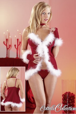 Babydoll, Weihnachtskostüm, rot/weiß, mit Halsband und Fingerstulpen, Gr.S