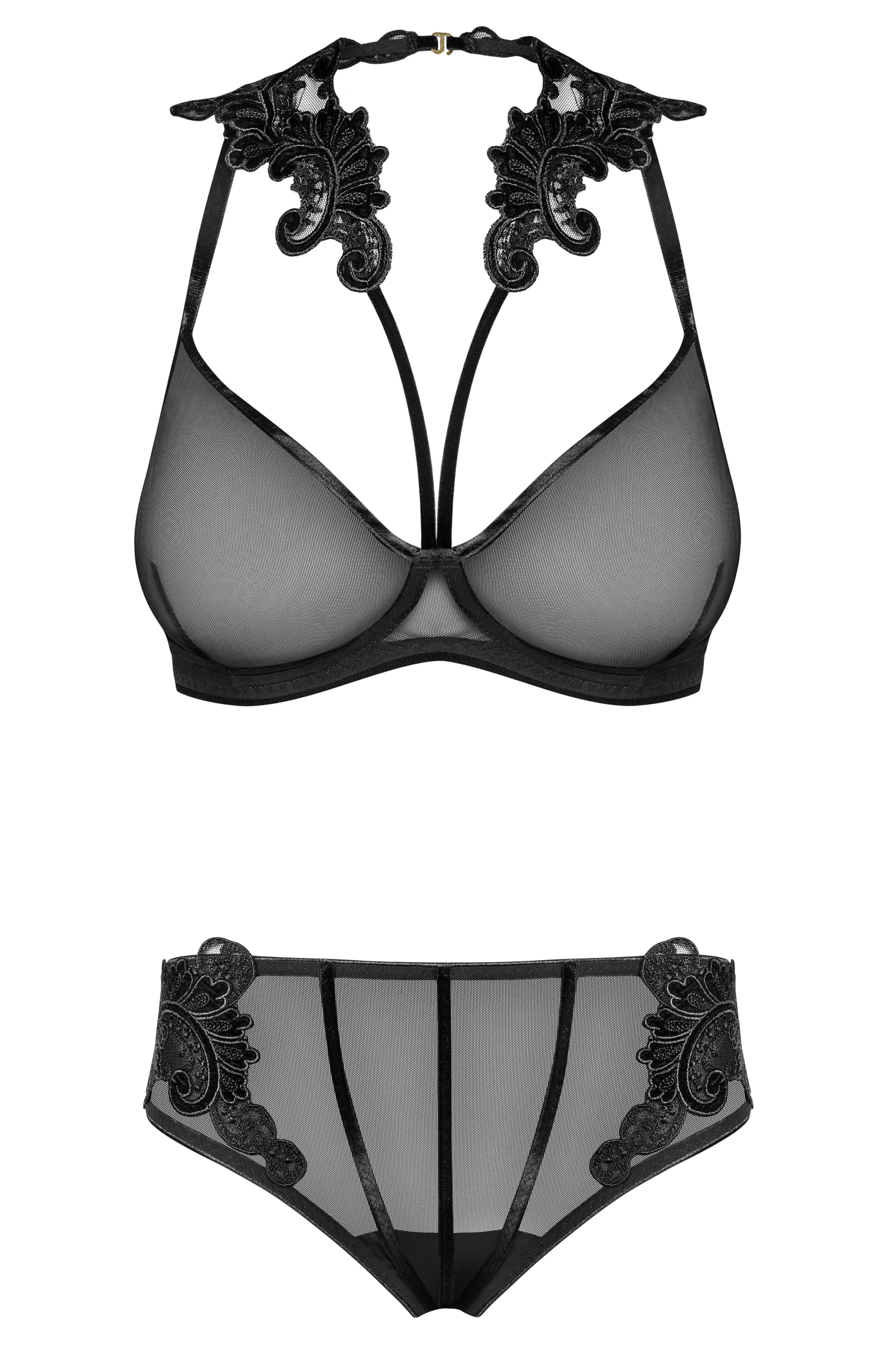 171818 Set out of plunge underwired bra with embroidery and brief